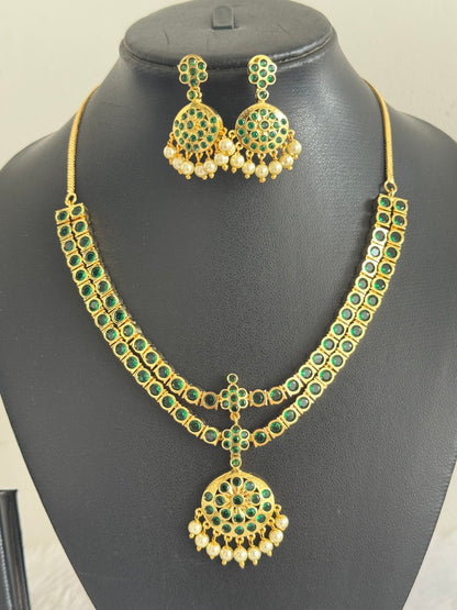 Gold tone AD green south indian style double layer necklace set dj-51674