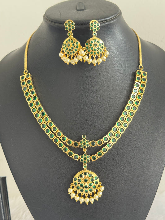 Gold tone AD green south indian style double layer necklace set dj-51674