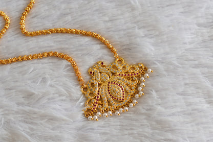 Gold Tone AD White-pink Peacock Lotus Pendant Chain dj-51910