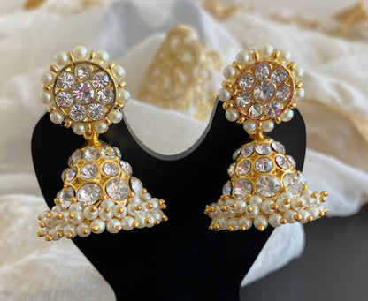Gold tone precious white stone pearl jhumkka dj-53907