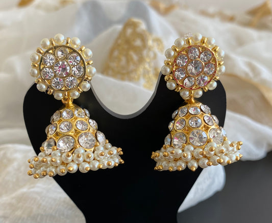 Gold tone precious white stone pearl jhumkka dj-53907