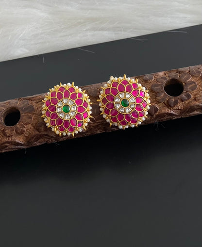 Gold tone pink-green-white kundan jadau flower round stud/earrings dj-54579