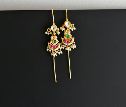 Gold tone pink-green kundan jadau moon bugadi needle earrings dj-52450