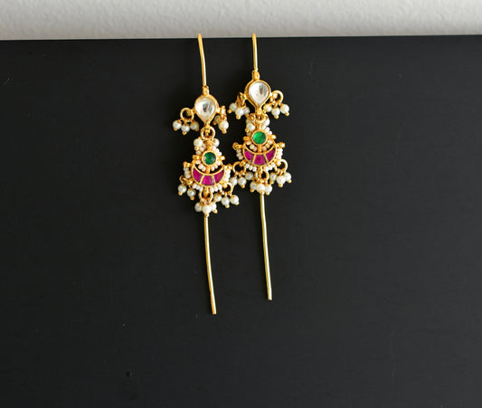Gold tone pink-green kundan jadau moon bugadi needle earrings dj-52450