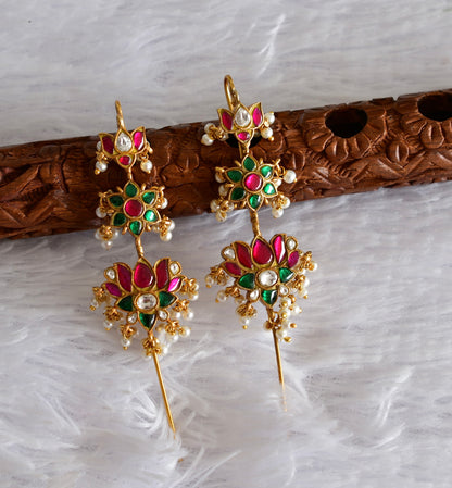 Gold tone pink-green kundan jadau lotus bugadi needle earrings dj-51129