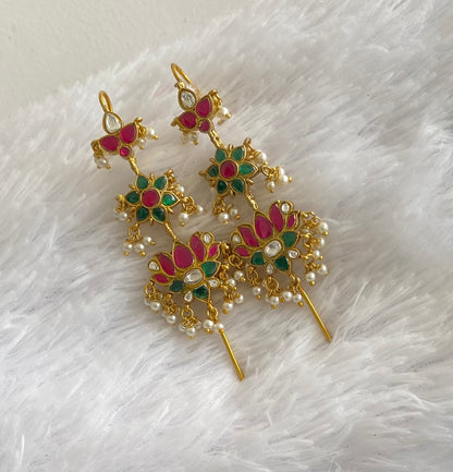 Gold tone pink-green-white kundan jadau lotus bugadi needle earrings dj-54374