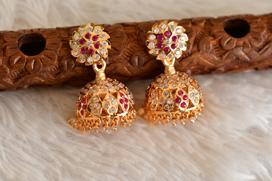 Gold tone south indian style AD pink-white jhumkka dj-50498