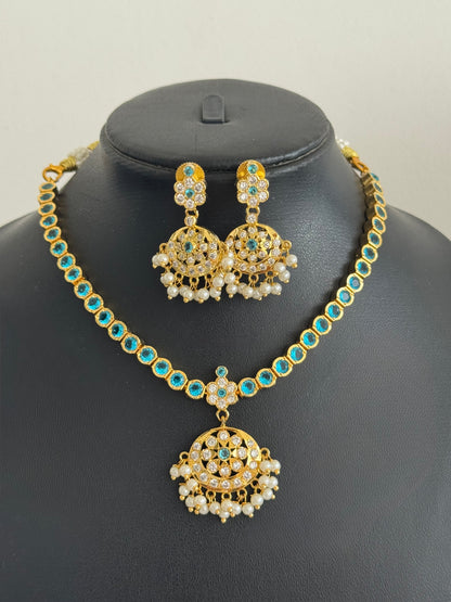 Gold tone AD Cerulean blue south indian style attigai/necklace set dj-51670