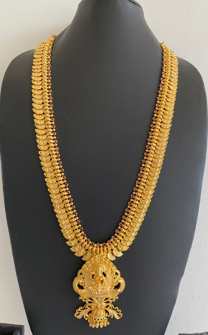 Gold tone pink stone lakshmi mango peacock haar dj-53161