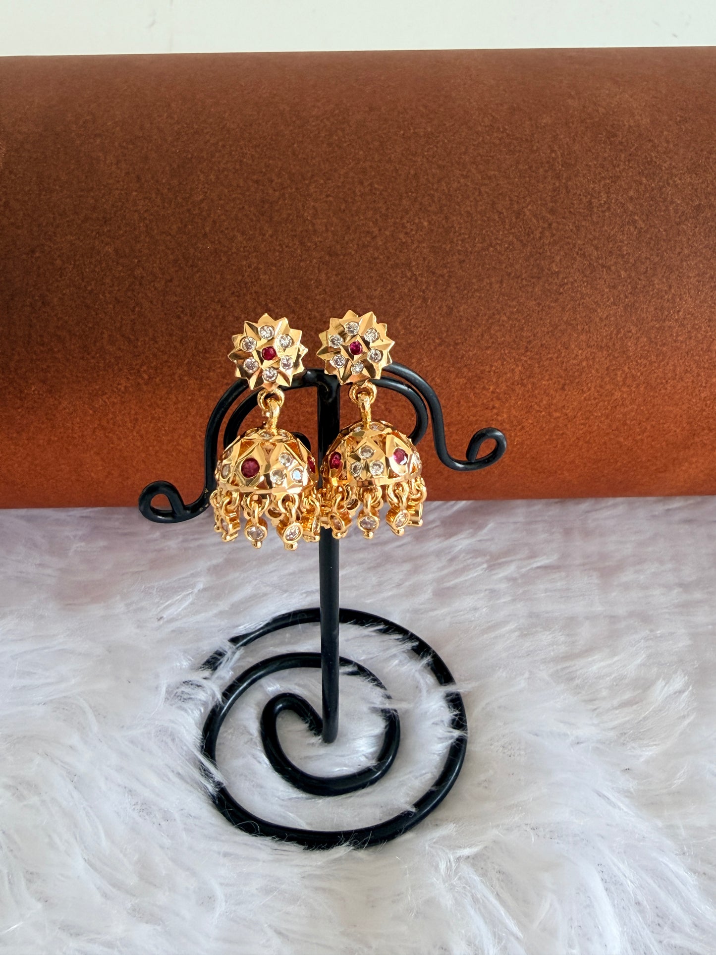 Gold tone AD pink-white south Indian flower jhumkka dj-53267