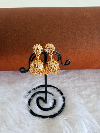 Gold tone AD pink-white south Indian flower jhumkka dj-53267