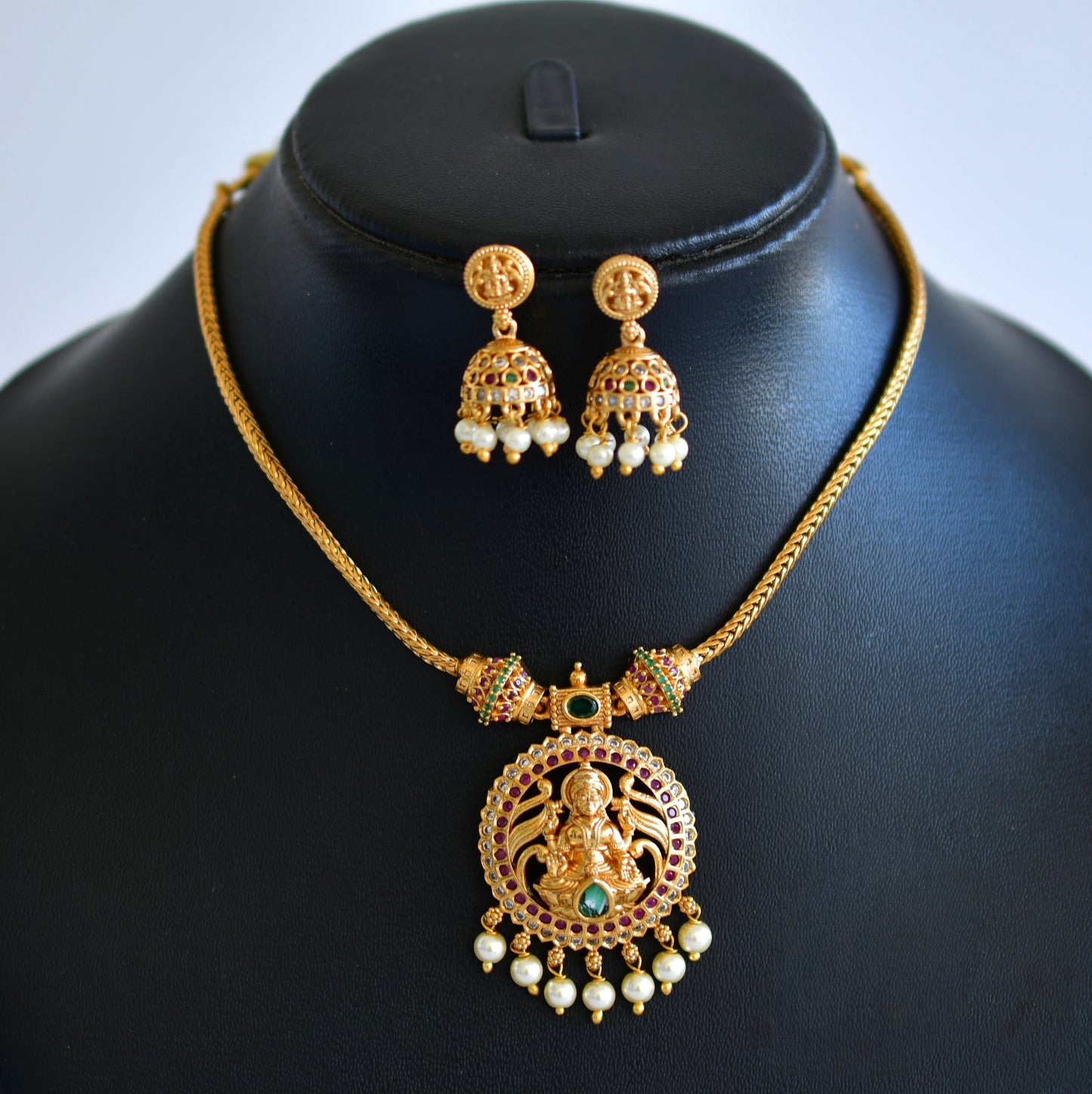 Antique gold tone ruby-green lakshmi kodi necklace set dj-52731