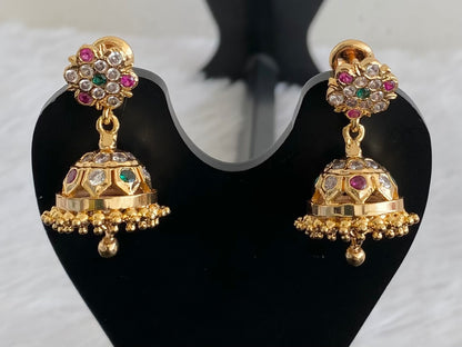 Gold look alike AD ruby-green-white stone jhumkka dj-53583