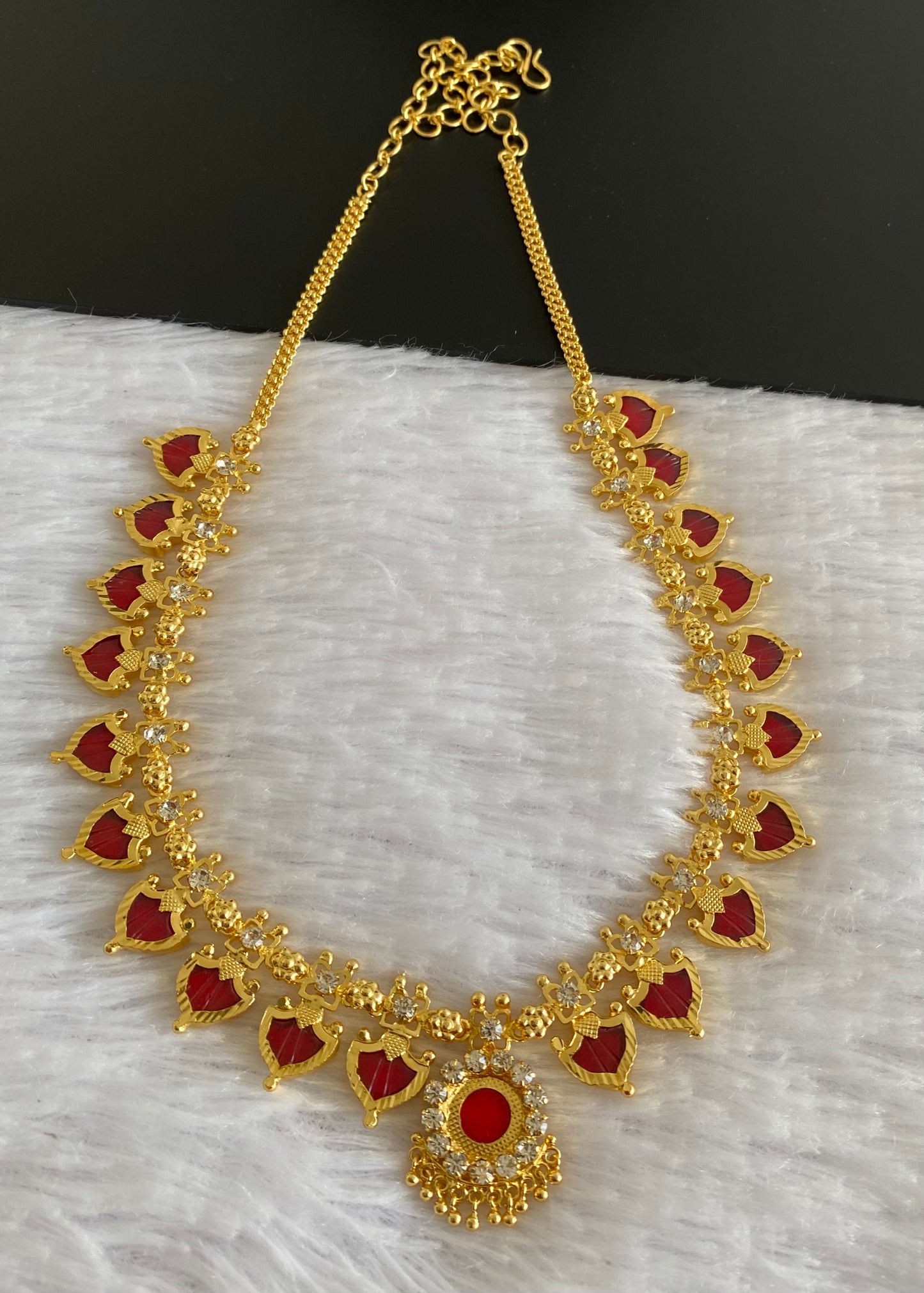 Gold tone white-red palakka necklace dj-53074