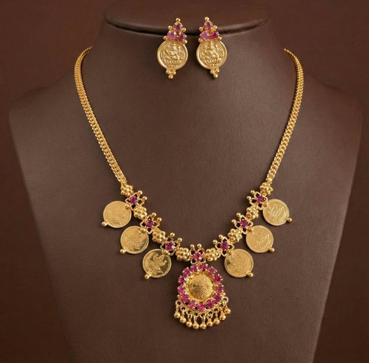 Gold tone pink stone lakshmi coin necklace set dj-48025