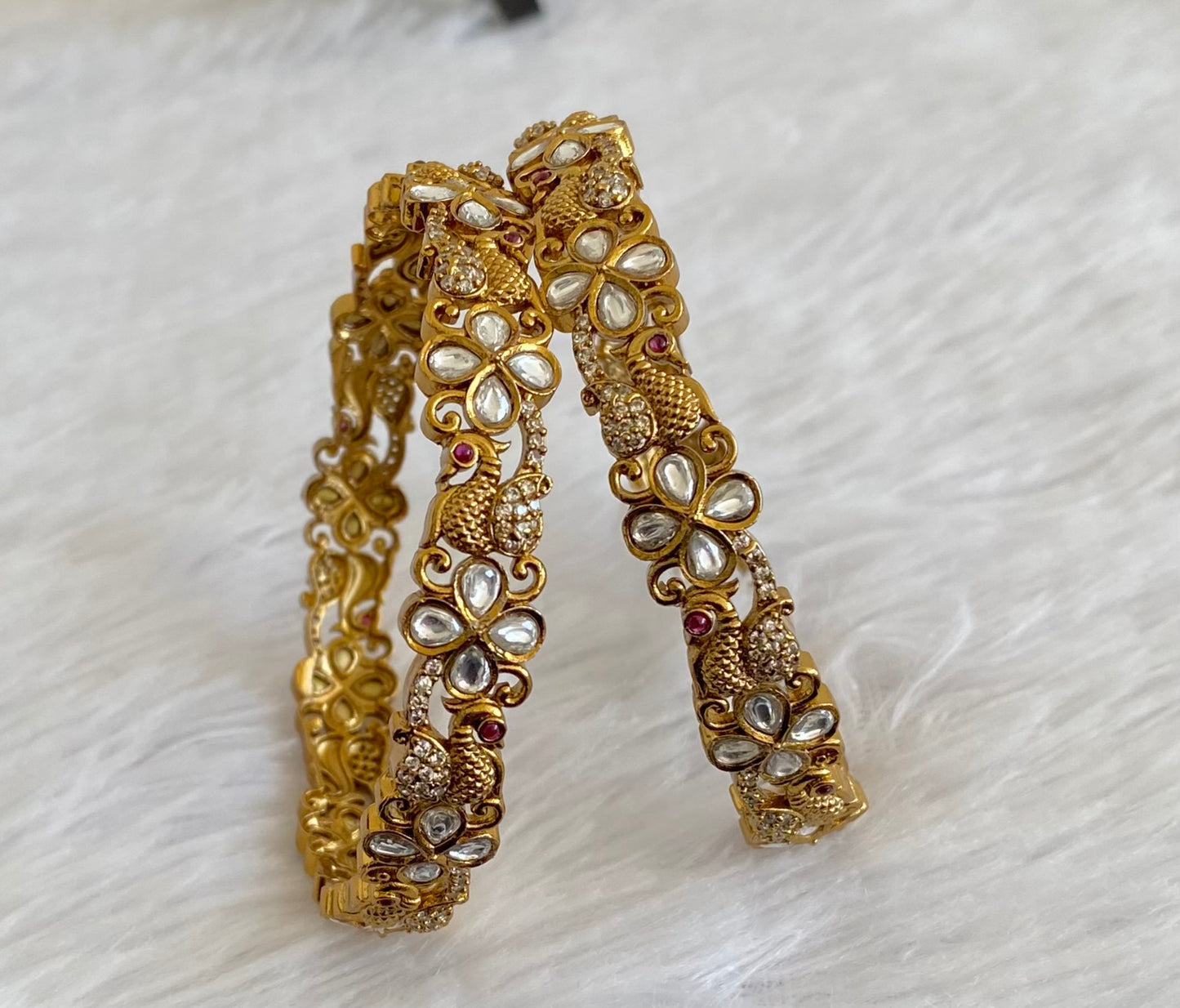 Antique gold tone pink-white stone peacock bangles(2.6) dj-53494