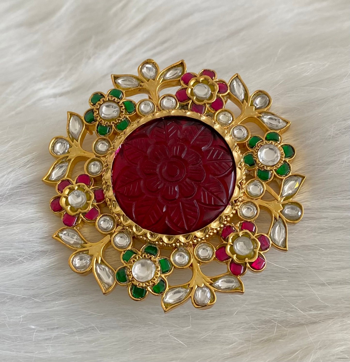 Gold tone red carved stone round jadau flower pendant dj-53848