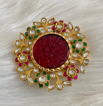 Gold tone red carved stone round jadau flower pendant dj-53848