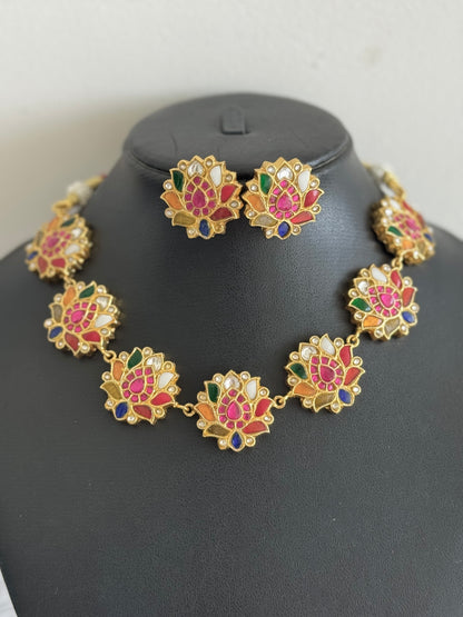 Gold tone navarathna kundan jadau lotus necklace set dj-51544
