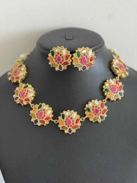 Gold tone navarathna kundan jadau lotus necklace set dj-51544