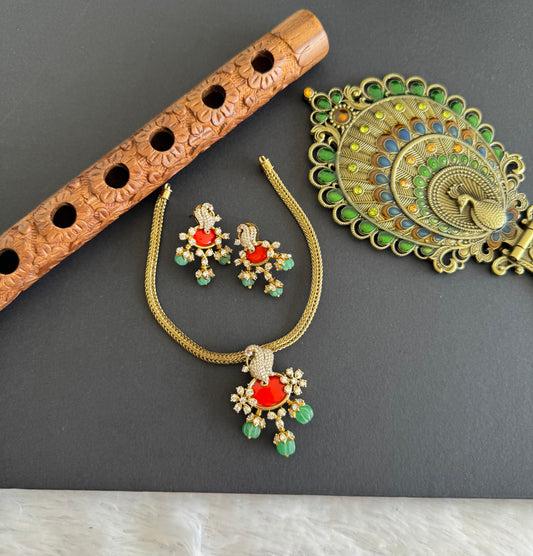 Antique gold tone cz coral-sea green white peacock necklace set dj-52131