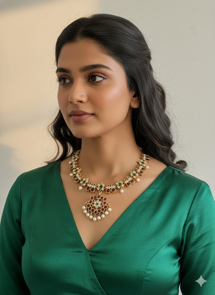 Gold tone precious kemp-green-white pearl mango necklace dj-52258