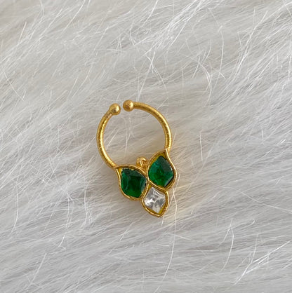 Gold tone kundan jadau green-white stone nose pin/bulakku dj-53745