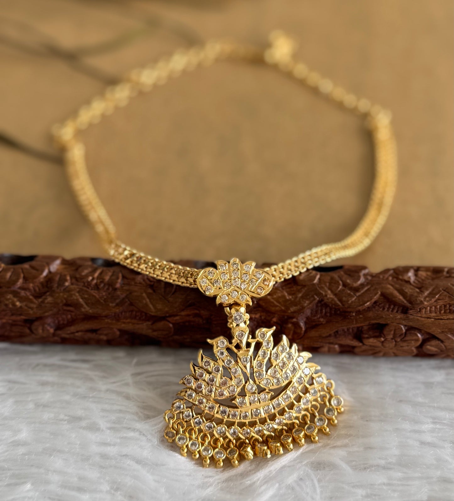 Gold tone south indian AD white swan attigai/necklace dj-51740