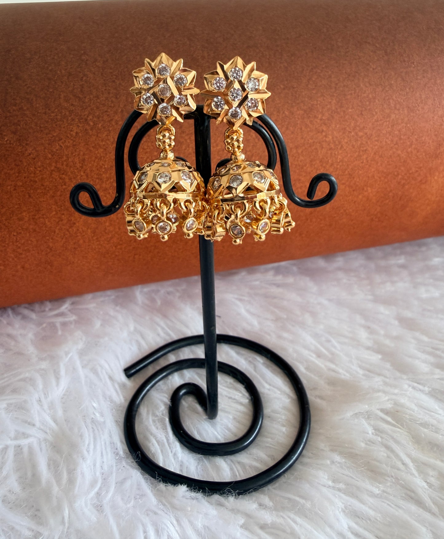 Gold tone AD white south Indian flower jhumkka dj-53271