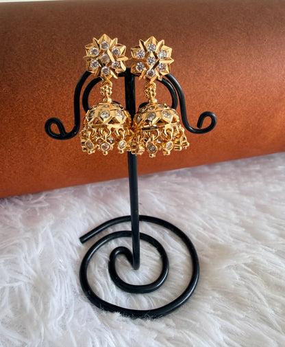Gold tone AD white south Indian flower jhumkka dj-53271