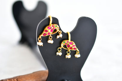 Gold tone pink-green-white kundan jadau peacock bugadi earrings dj-52477