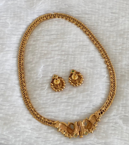 Antique gold tone kemp-green peacock front lock screw necklace set dj-54072