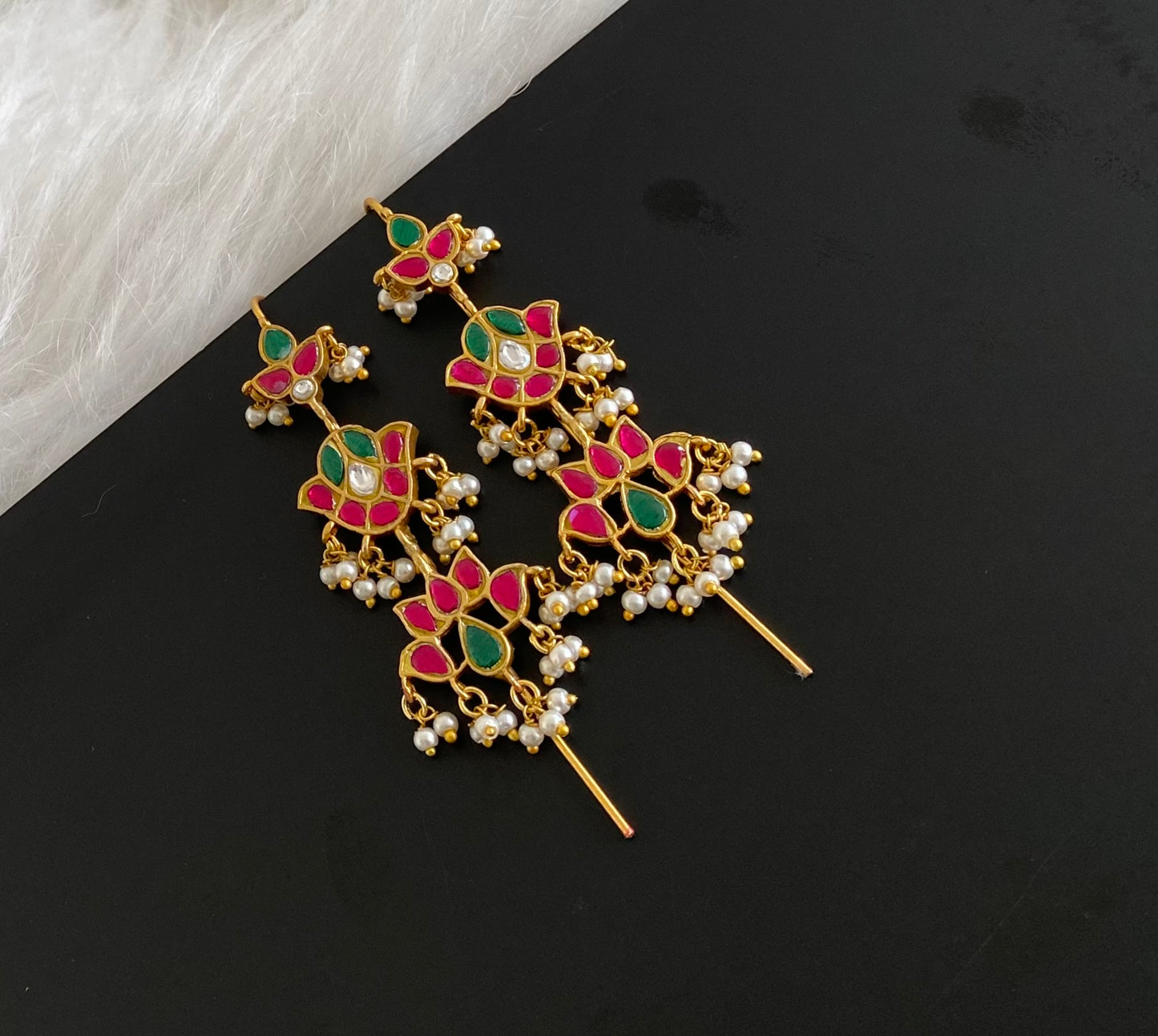 Gold tone pink-green-white kundan jadau lotus bugadi needle earrings dj-54594
