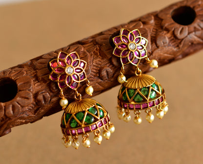 Matte finish kemp-green pearl cluster flower jhumkka dj-50508