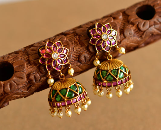 Matte finish kemp-green pearl cluster flower jhumkka dj-50508