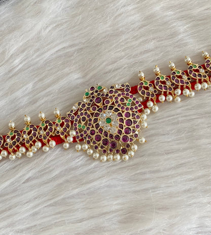 Gold tone precious kemp-green-white pearl peacock waist band dj-54691