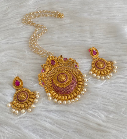Matte Finish Ruby Big pendant Peacock Pearl Necklace Set-dj08220