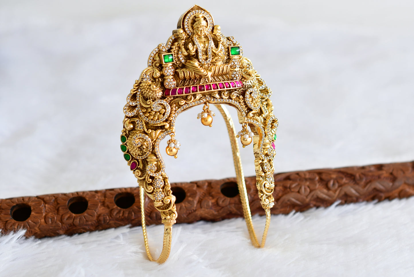 Antique gold tone cz pink-green jadau lakshmi peacock elephant nakshi vanki/bajuband dj-51966