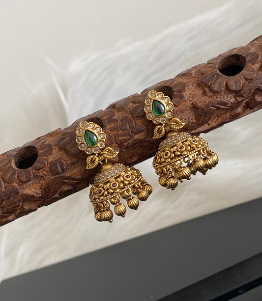 Antique gold tone kemp-green-white stone jhumkka dj-54638