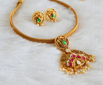 Matte finish pink-green-white kundan jadau peacock choker/necklace set dj-54024