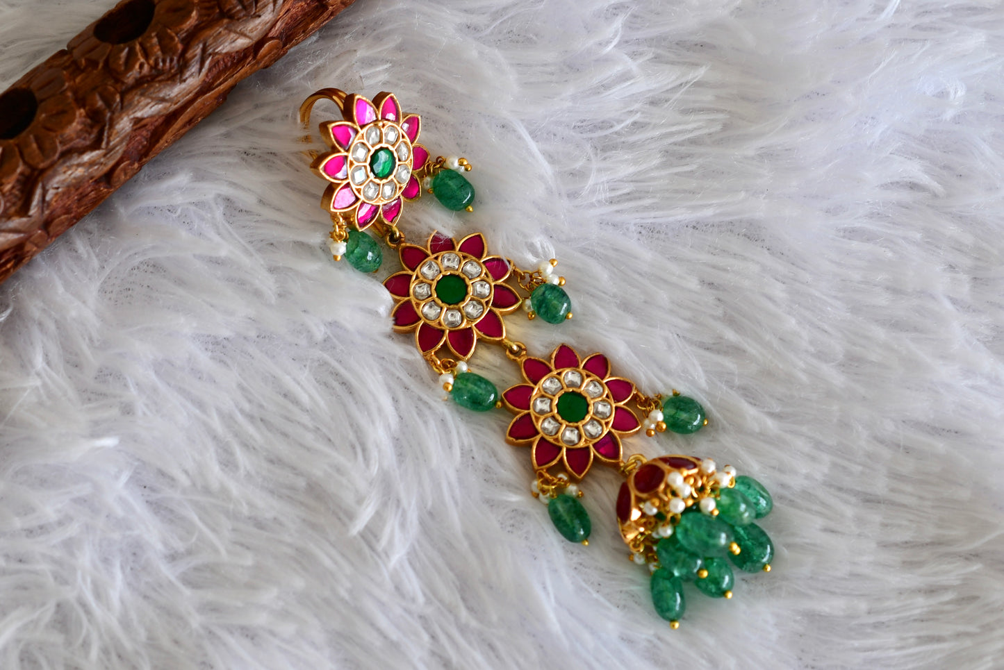 Gold tone pink-green kundan jadau flower hair jewel dj-52374