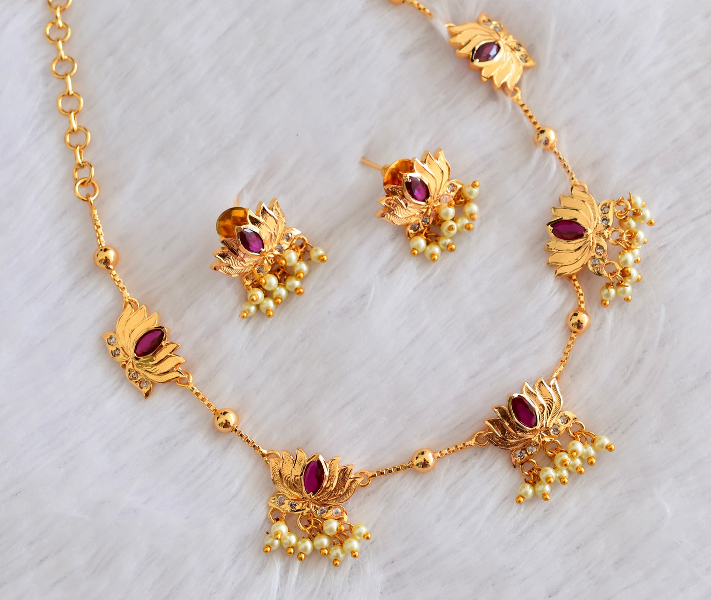 Gold tone white-pink lotus pearl necklace set dj-53335