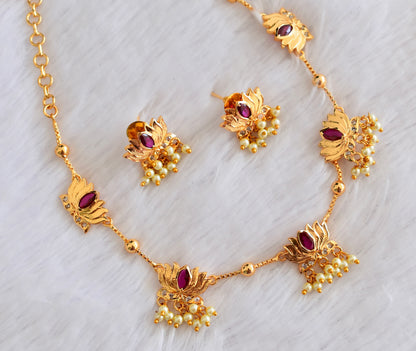 Gold tone white-pink lotus pearl necklace set dj-53335