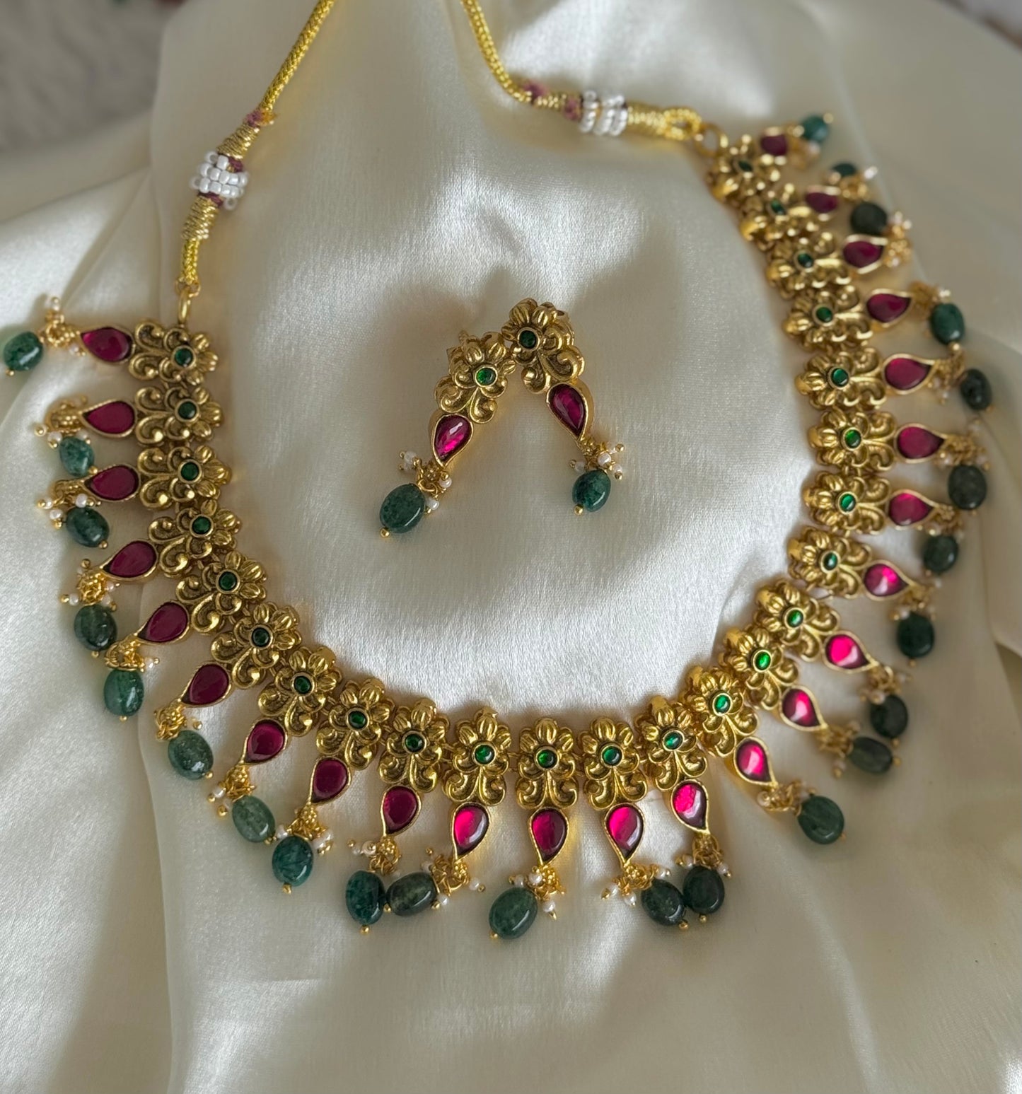 Matte finish pink-green kundan jadau beaded mango necklace set dj-51545
