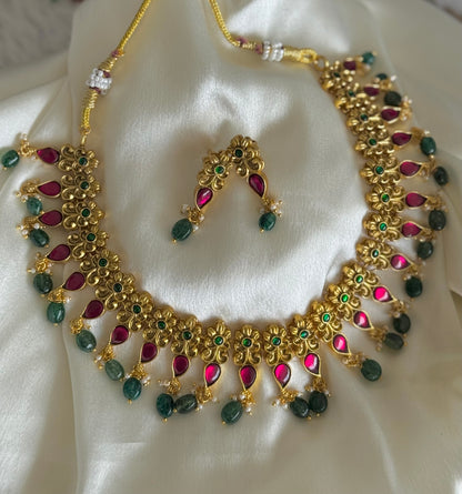 Matte finish pink-green kundan jadau beaded mango necklace set dj-51545