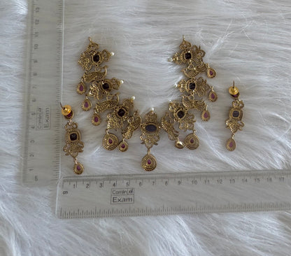 Antique gold tone cz purple-pink peacock necklace set dj-51199