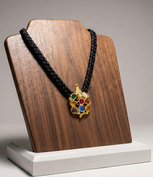 Gold tone black silk thread ganesha navarathna kundan jadau necklace dj-48656