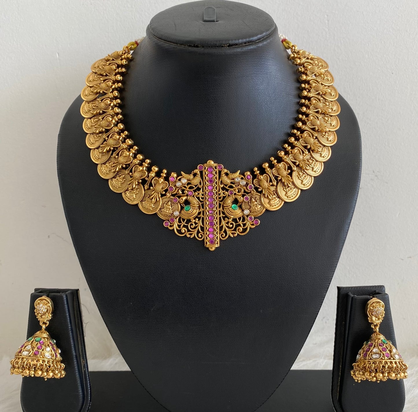Antique gold tone peacock lakshmi coin necklace set dj-54509