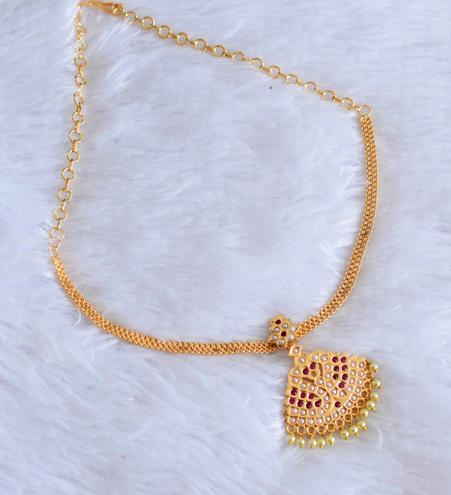 Gold tone South Indian style AD ruby-pearl swan attigai/necklace dj-53041