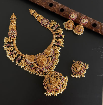 Antique gold tone lakshmi peacock necklace with changeable pendants set dj-54441